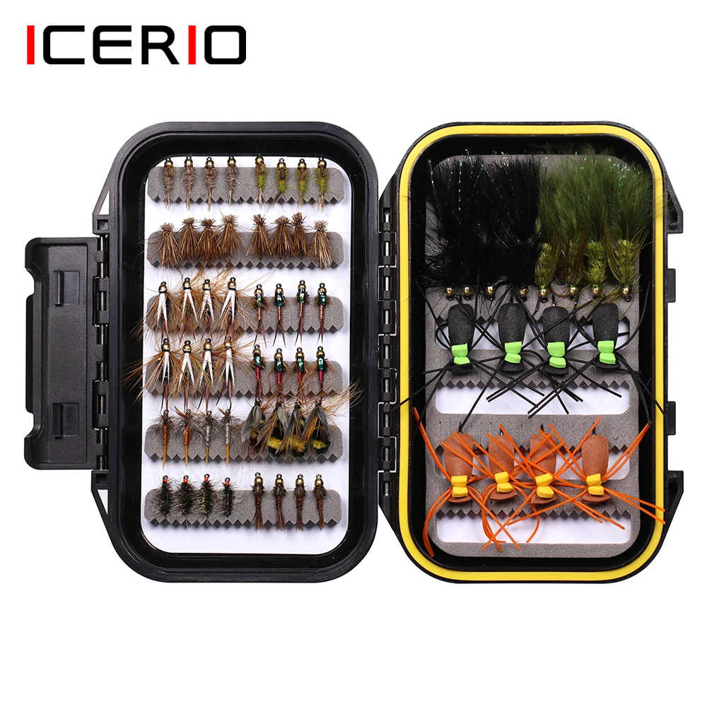 ICERIO 64PCS Fly Fishing Lures Dry/Wet Flies,Streamer, Nymph Fishing Fly Starter Set with Waterproof Fly Box for Trout Fishing