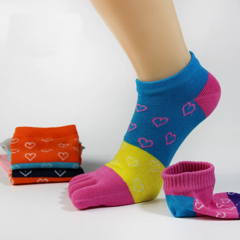 1 Pairs Pure Cotton Women Girl Five Finger Ankle Socks Cute Love Big Stripe No Show Boat Socks With Toes Novelty Hot Sell