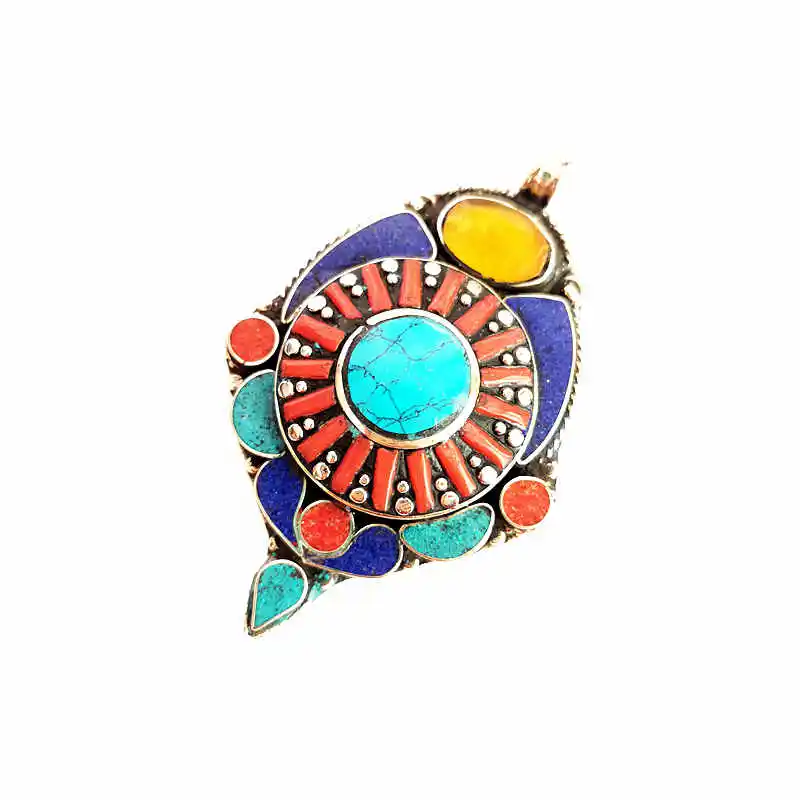 TBP554 Vintage Jewelry Copper Inlaid Colorful Stone Pendants Ethnic Fashion Tibetan Jewelry