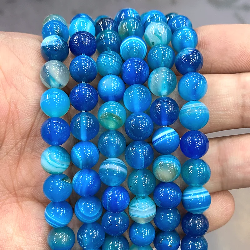 Natural Blue Stripes Agate Stone Round Loose Beads Diy Bracelet Necklace Pendants for Jewelry Making 15