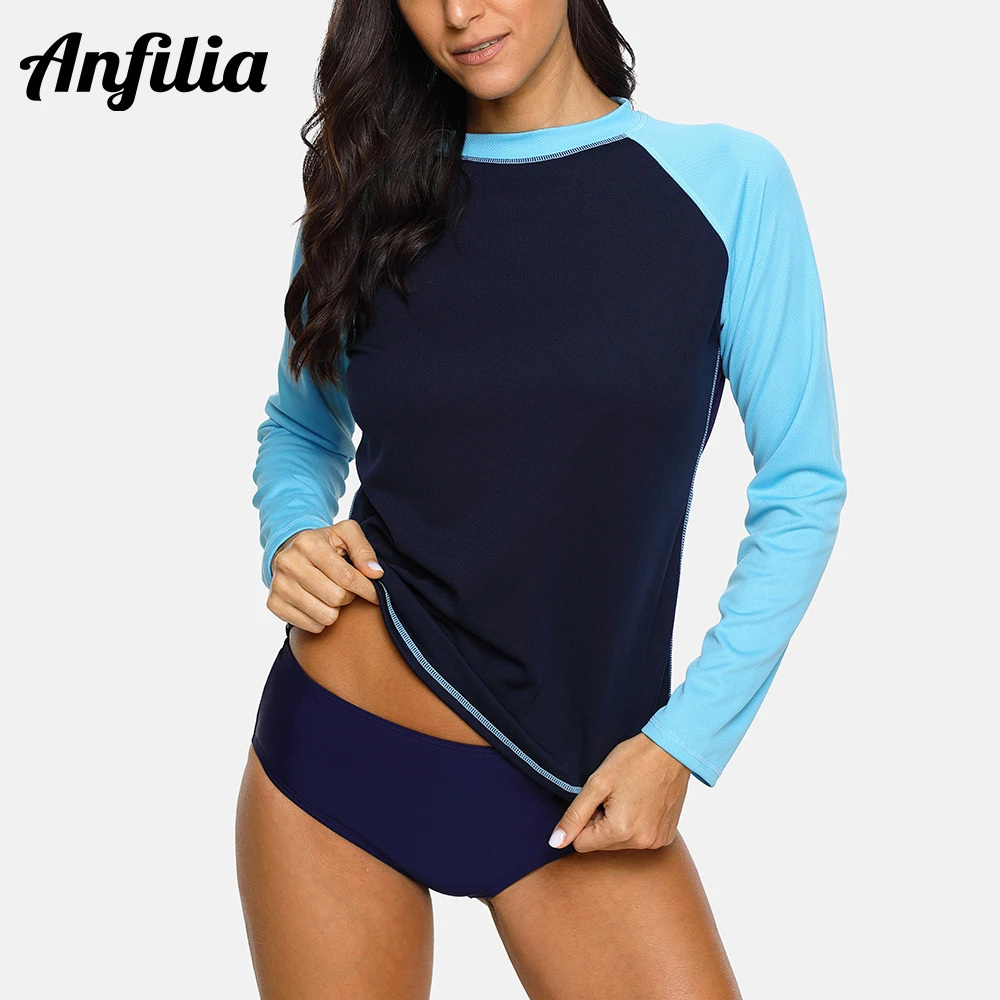 Anfilia Women's Rashgurad Top Long Sleeves Color Block Rash Guard Swimming Surfing Shirts