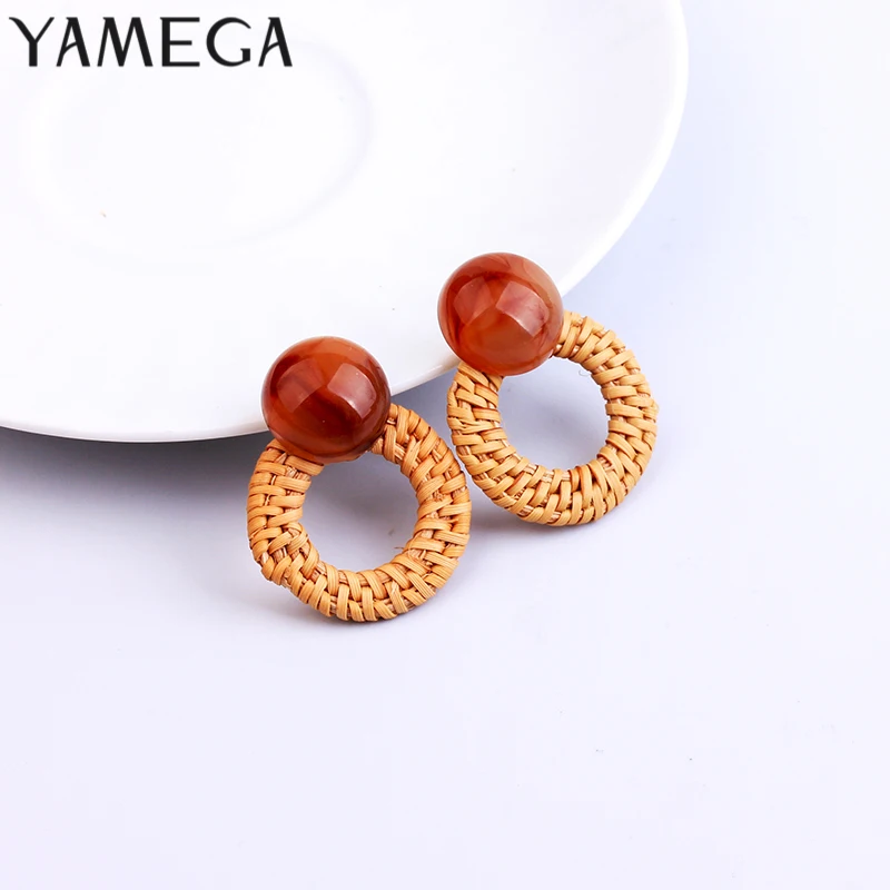 YAMEGA Handmade Korean Rattan Earrings Unique Wood Small Hoop Earrings Statement Acrylic Earring Studs Fashion Jewelry For Women