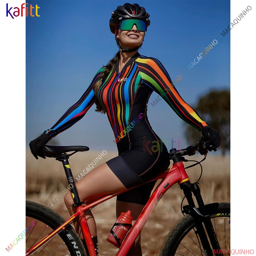 

Kafitt Women's Cycling Jumpsuit Workshop 2022 Long Sleeve Triathlon Color Bars Mountain Bike Clothing