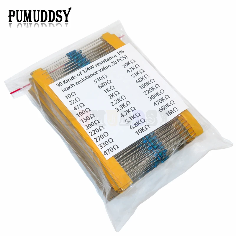 600 unids/set 30 tipos 1/4W resistencia 1% paquete de resistencias de película metálica Kit surtido 1K 10K 100K 220ohm 1M resistencias 300 unids/set