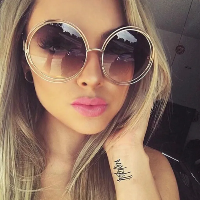 Vintage Round Big Size Oversized lens Mirror  Sunglasses Women Brand Designer Metal Frame Lady Sun Glasses  Lady Cool Retro