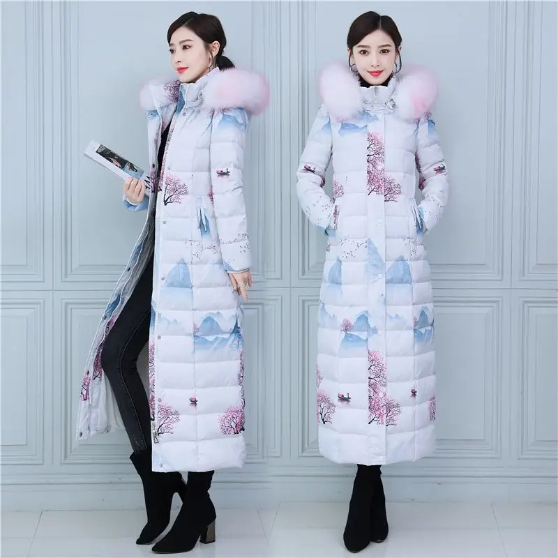 Can fit -30℃ Winter 125cm Super Longer Duck Down Coats Female Thicker Warm Fur Coats Large Real Fox Fur Hooded Parkas wy362