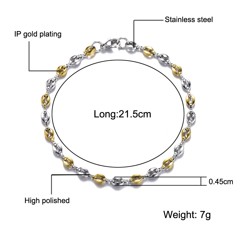 Width 4.5mm Fashion Coffee Beans Chain Bracelet Two tone color Stainless Steel Pulseras For Men Women Jewelry