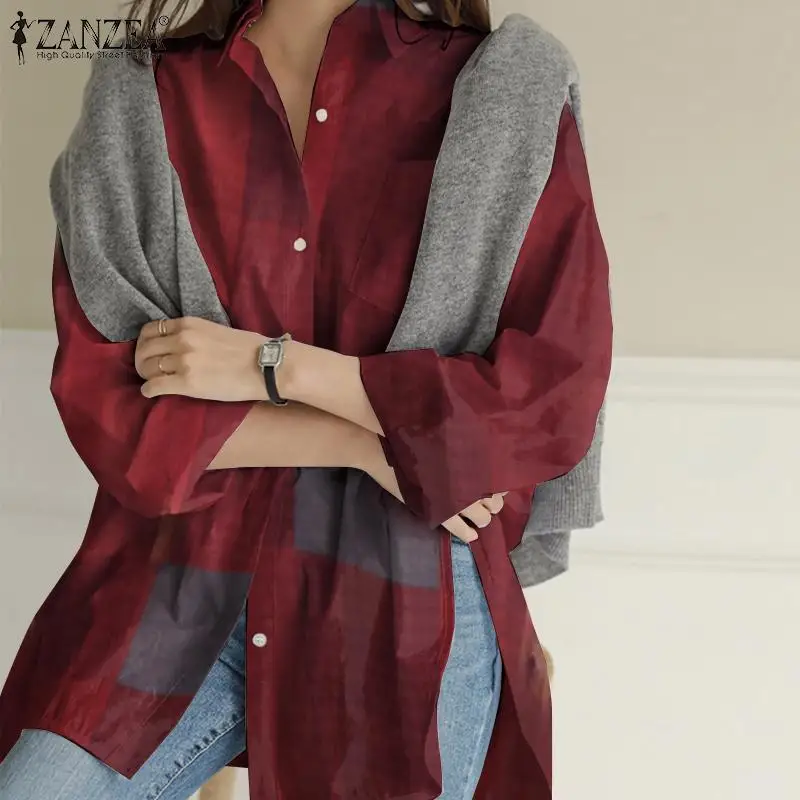 Women Kaftan Long Sleeve Blouses ZANZEA Casual Loose Work Shirt Pockets Asymmetrical Chemise Autumn Plaid Tops