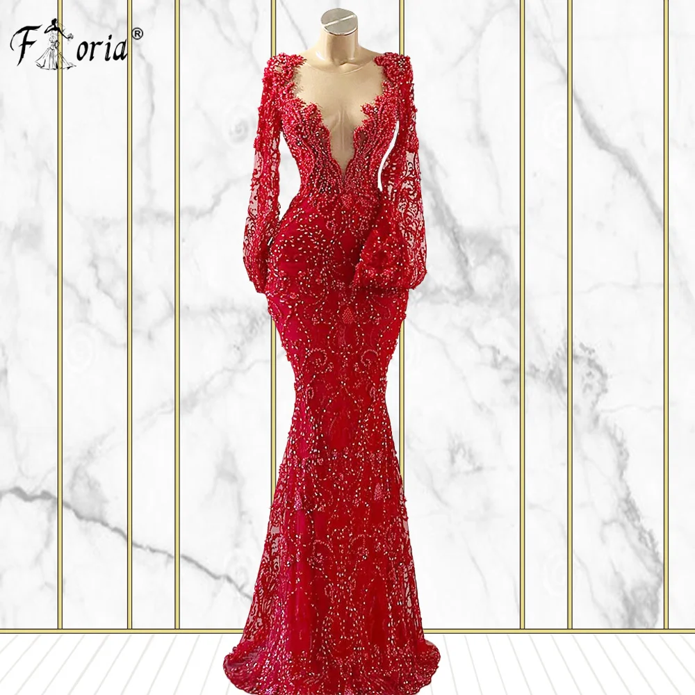 Robe de Soirée en Dentelle Rouge pour Femme Africaine, Tenue de Forme Sirène, Manches sulf, Appliques Perlées, pour Bal de Promo, 2022