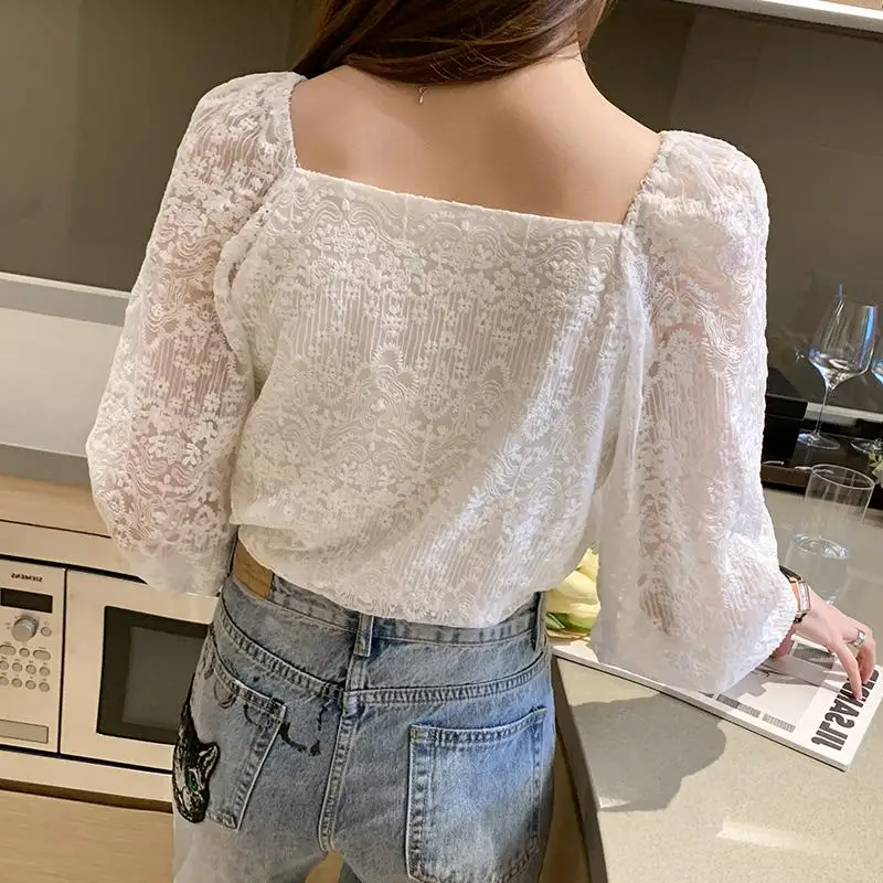 White Lace Tops 2020 Fall Autumn Long Sleeve Single Breasted Button Basic Shirts Preppy Style Women Hollow Out Crochet Lace Top