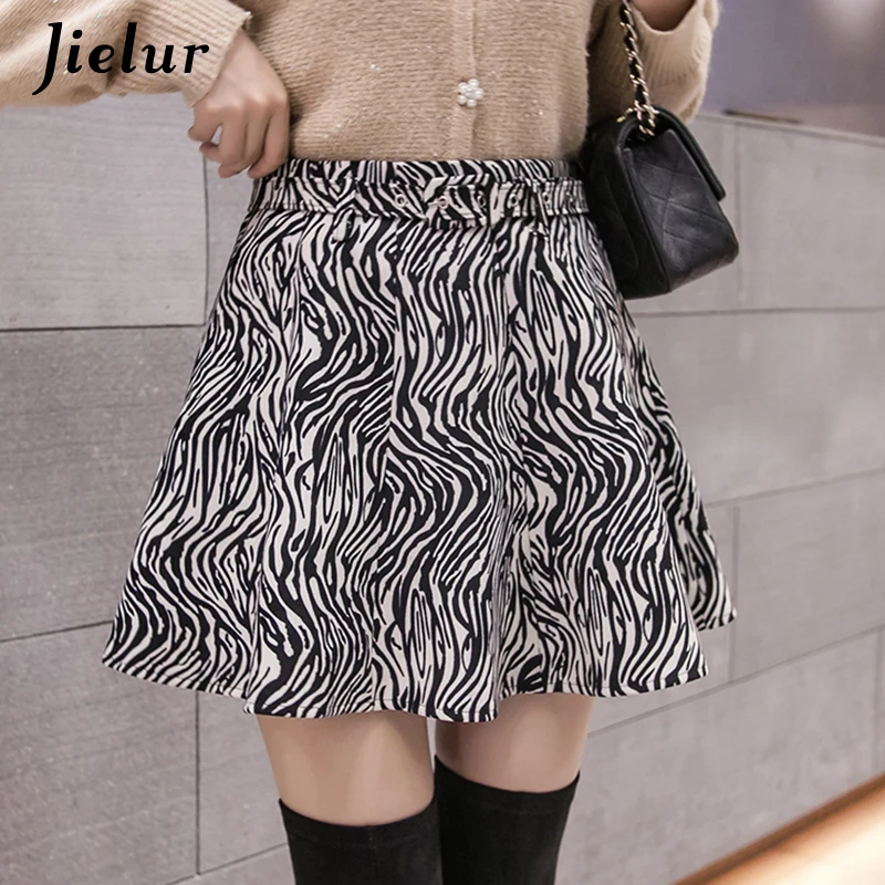 Jielur Woolen Mini Skirt Zebra Striped Pleated High Waist Women's Skirt Party Clubwear Short Sexy Vintage A-line Skirts New 2021