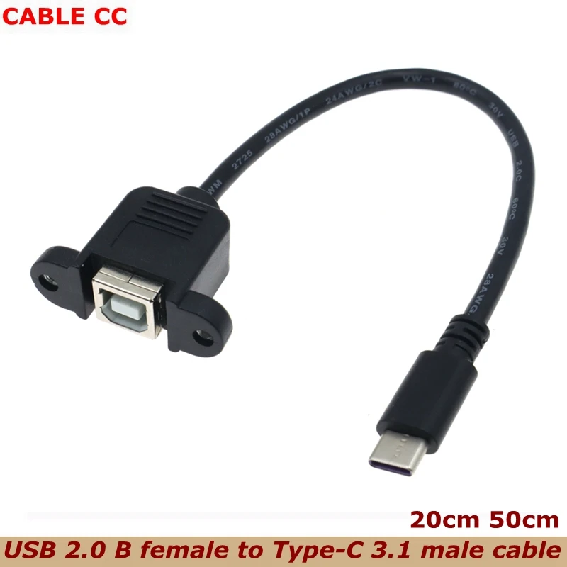 0.2m USB 2.0 B Female to Type-C 3.1 Male Cable for Scanner, Printer, Computer Case Panel Installation With Screw Hole Connector