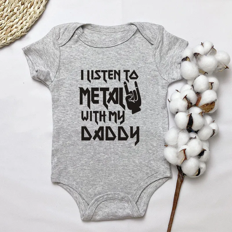 I Listen to Metal with My Daddy Baby Bodysuits Cotton Soft Baby Clothes Short Sleeve Jumpsuit Baby Boy Girl Outfits