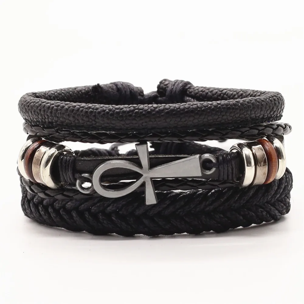 3 Pcs/set Punk Vintage Brown Black Leather Men Bracelets For Women Wood Beads Eye Cross Charm Homme Jewelry