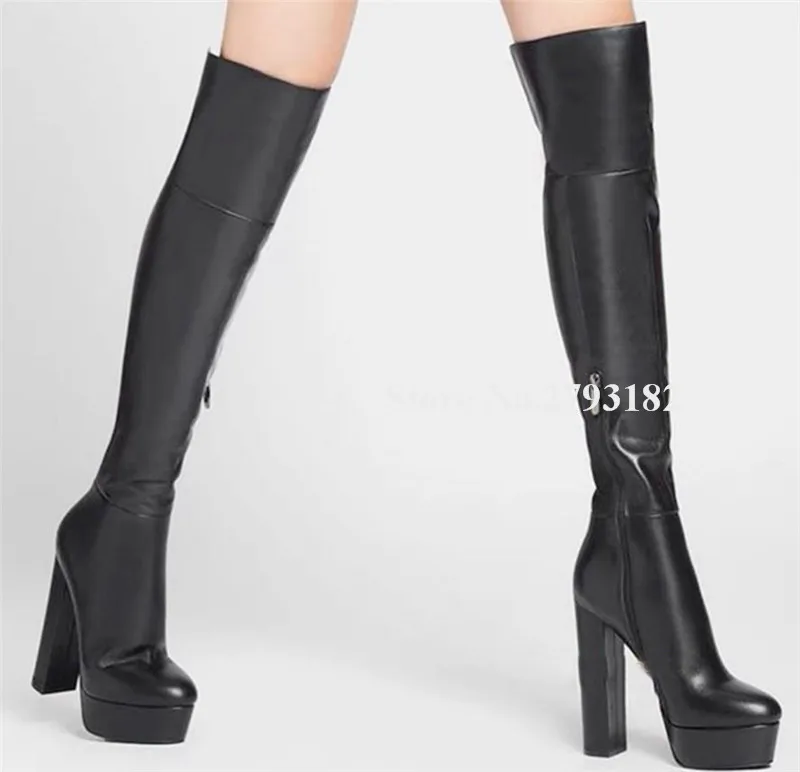 

Women Sexy Round Toe High Platform Chunky Heel Over Knee Boots Black Leather Slim Long Thick Heel Boots Big Size Dress Boots