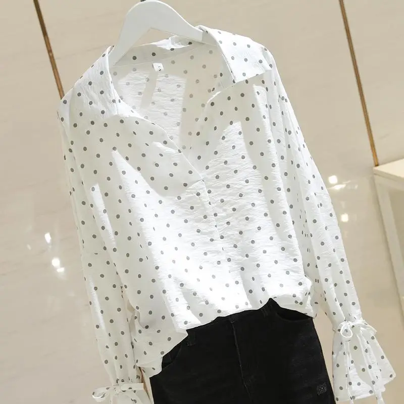 Fashion Women Blouse Chiffon V-Neck Pullovers Elegant Polka Dot Oversize Shirt Long Sleeve Ladies Top Female Casual Clothing