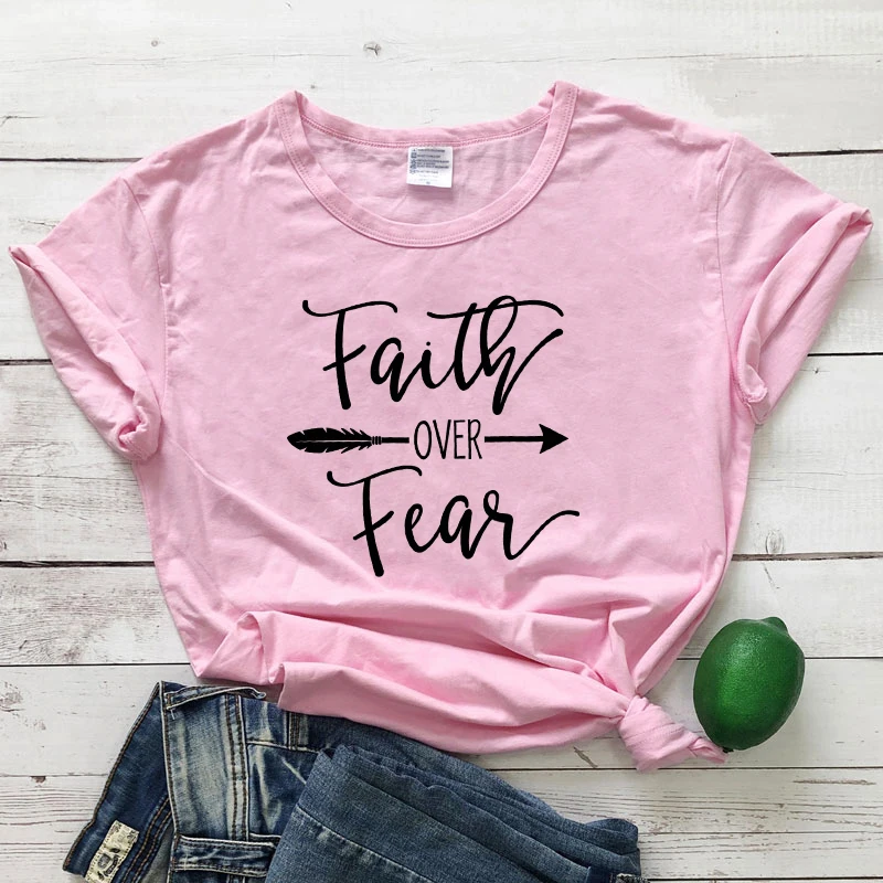 Women's Faith Over Fear Arrow Printed Christian T-shirt Summer Catholic Jesus Church Tshirt Unisex O-Neck Inspirational Tee Top