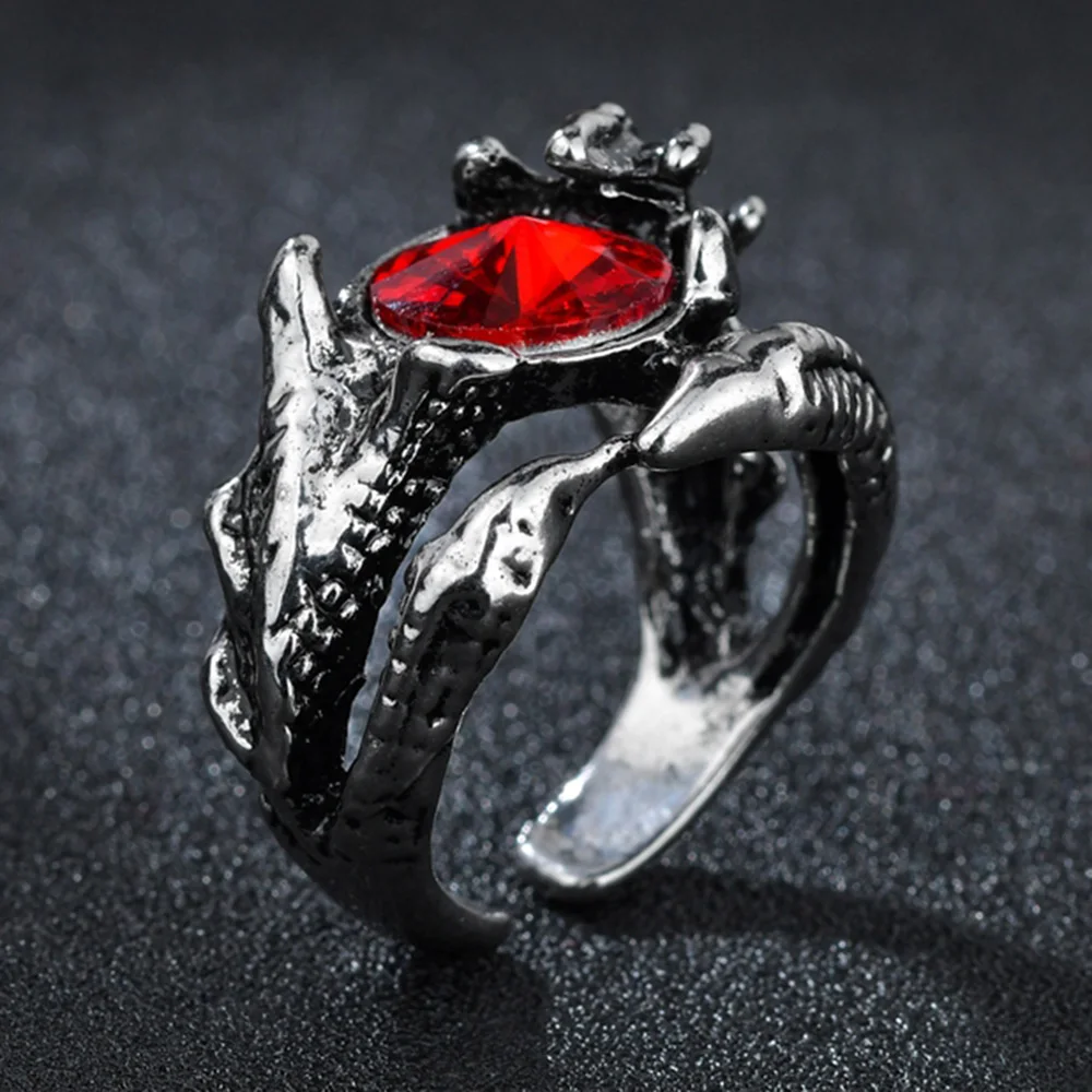 Vintage Red Crystal Claws Design Opening Finger Rings For Men Women Adjustable Gothic Punk Fashion Party Anniversary Jewelry