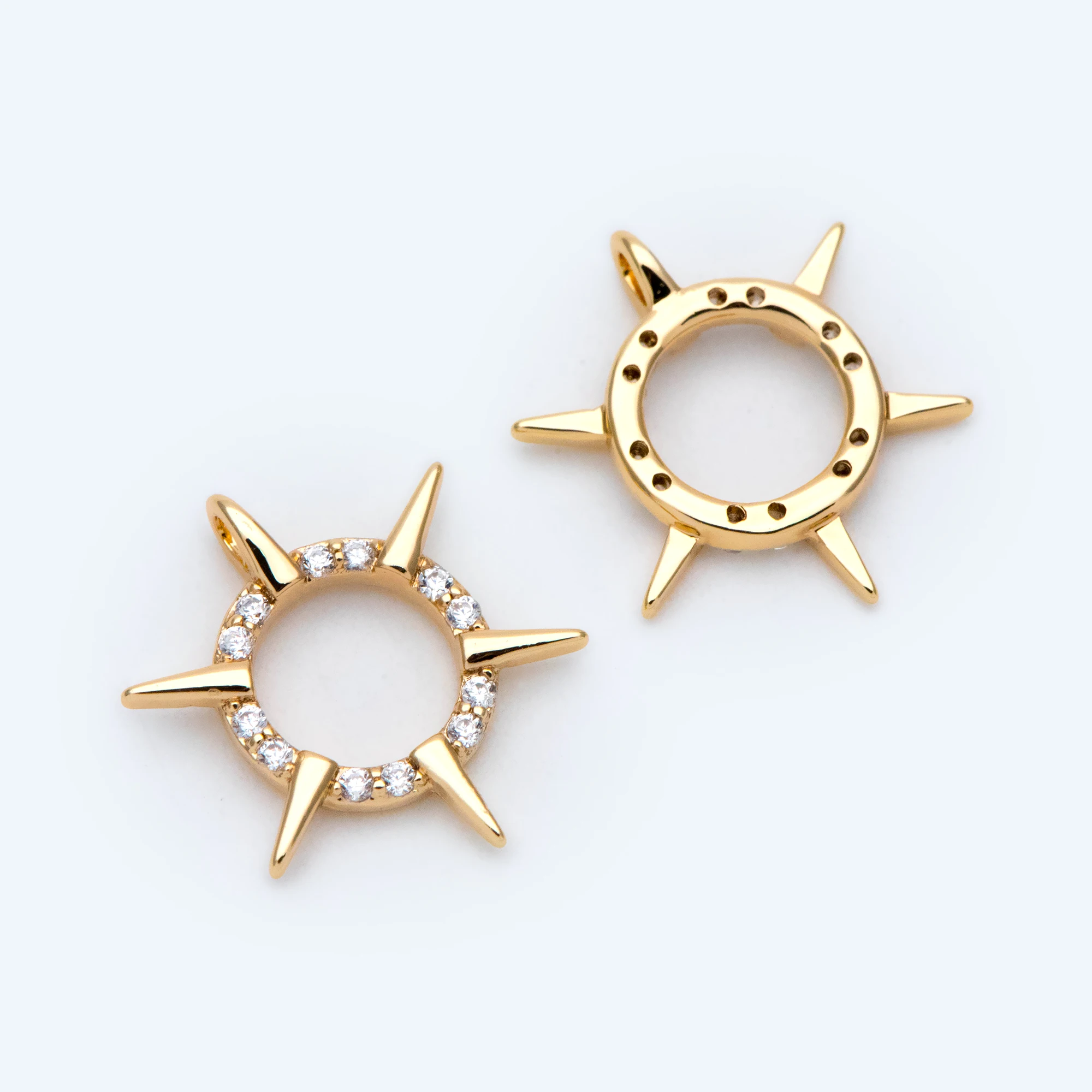 10pcs Gold CZ Spike Circle Charm 16x14mm, Real Gold Plated Brass, Jewelry Supply (GB-1692)