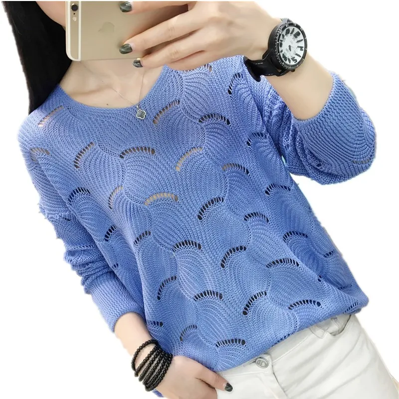 

2020 Spring And Autumn New Openwork Sweater Knitted Women Sweater Loose Ice Silk Thin Section Long Sleeve V-neck Solid Color Top