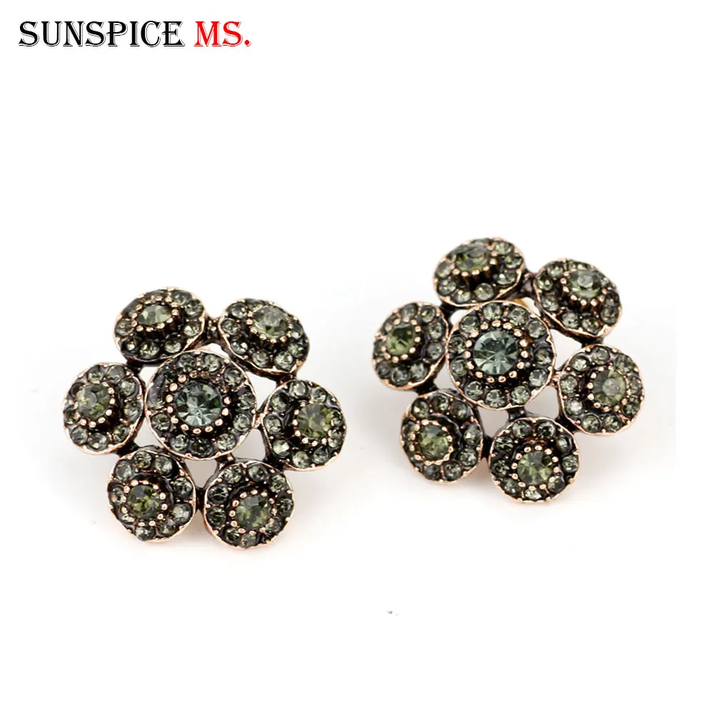 Sunspicems Full Gray Rhinestone Stud Earring for Women Turkish Design Antique Gold Color Ethnic Wedding Banquet Jewelry Gift