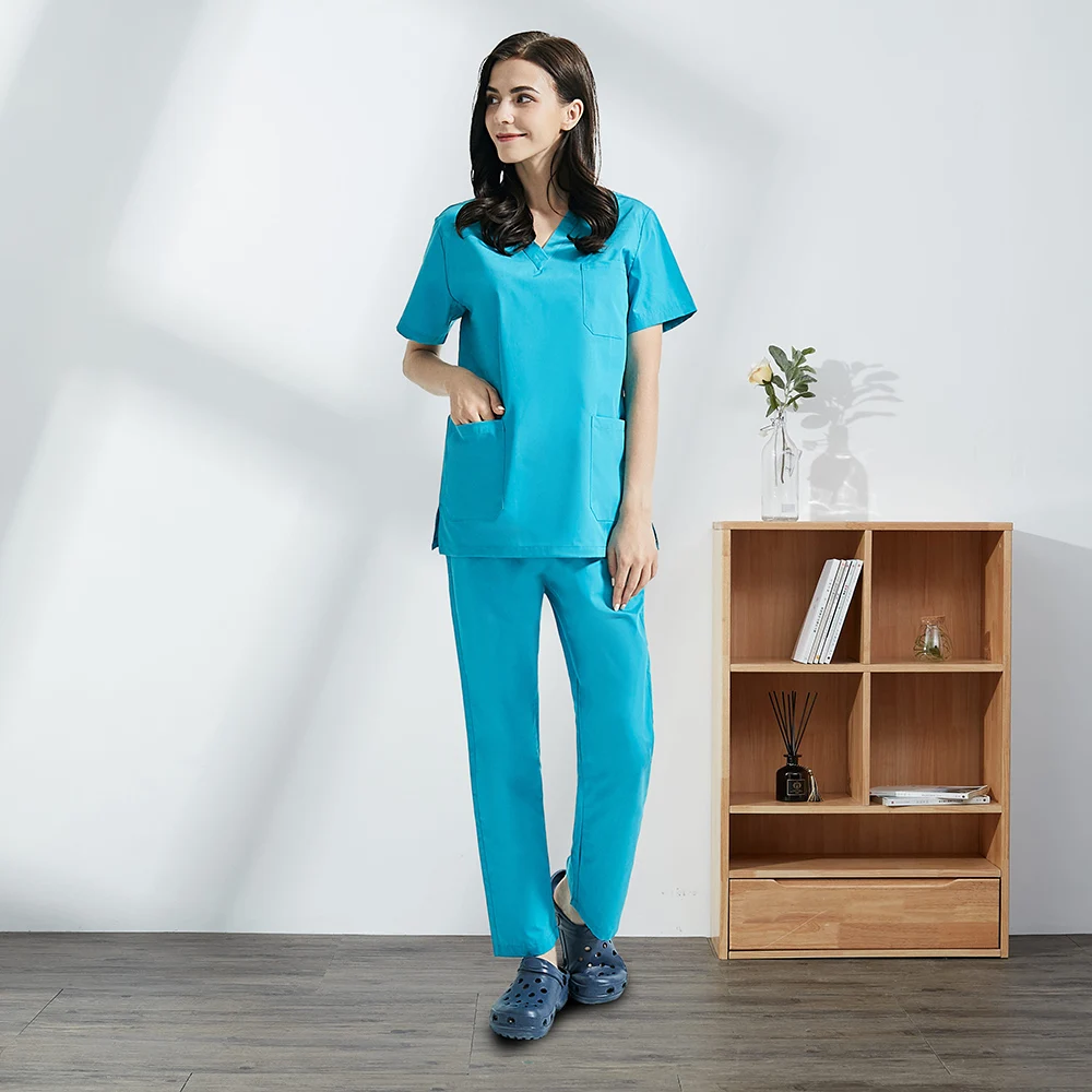 Conjunto de ropa de trabajo para enfermeras, Uniforme de Trabajo de salón de belleza, Top quirúrgico médico, pantalones, negro y azul
