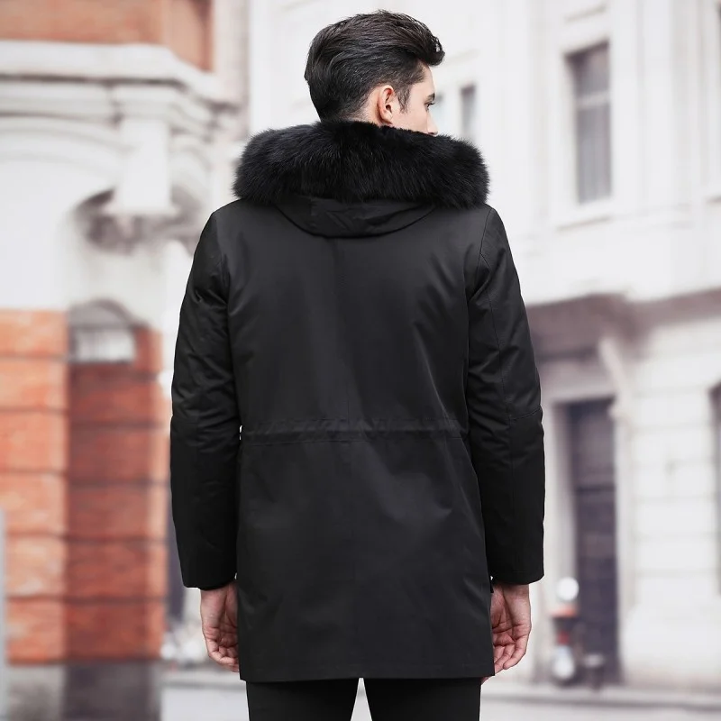 Mens Winter Fox Fur Collar Hoodie Parkas Mid Long Jacket Thick Warm Fleece Lining Overcoat Casual Windbreaker Jacket Man Coats