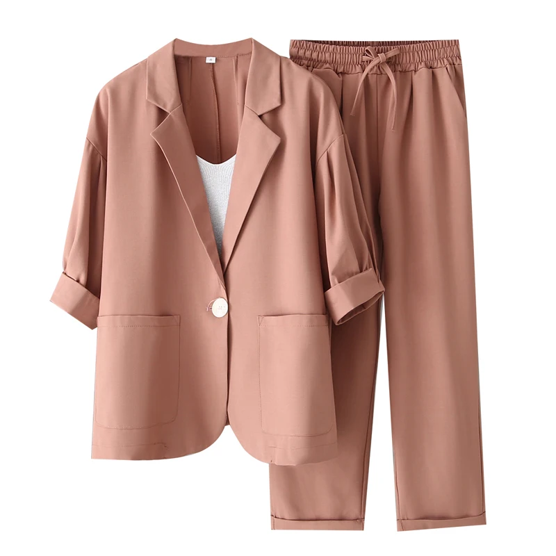 New Office Single Button Suits+pant Female Two Piece Sets Long Sleeve Blazer And High Waist Trousers LAdy Solid Large Size Suit