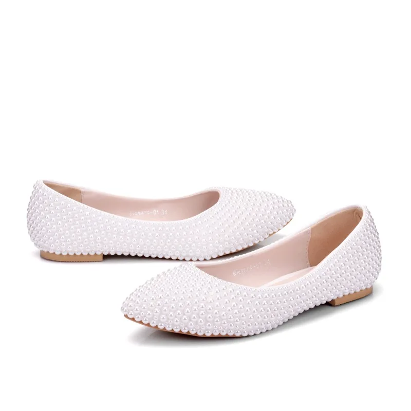 Women Flats Ballet Shoes PU Leather Breathable White flat bridal pearl wedding shoes Women Boat Shoes Ballerina Ladies Casual