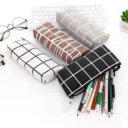 Simple Fashion Canvas Pencil Bags Striped Grid Solid Pen Case Pouch Organizer Holder School Office Supplies Stationery Gifts