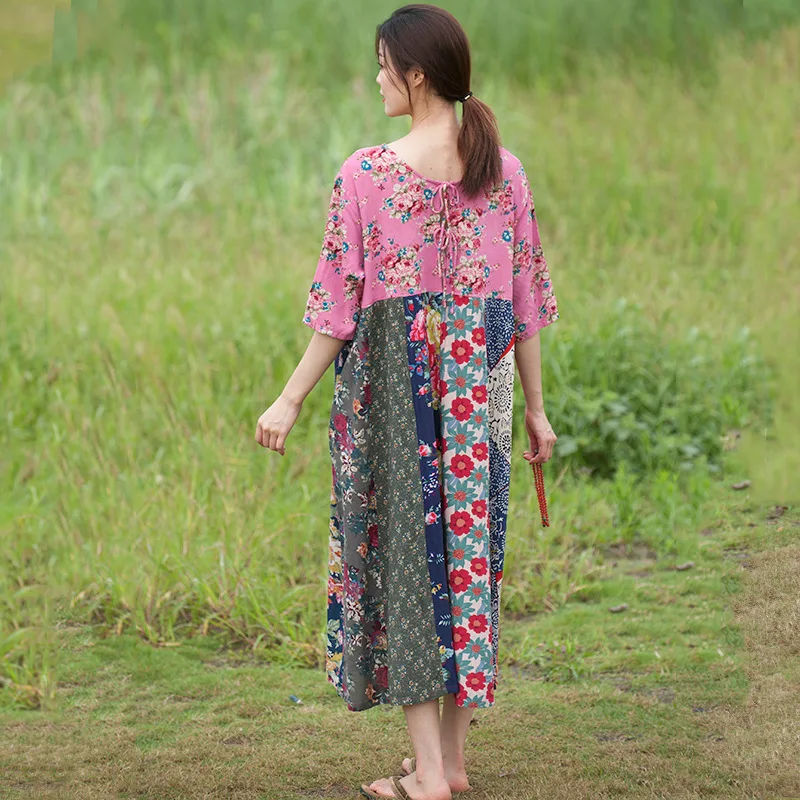 Ethnic Style Cotton and Linen Summer Dress Printing Stitching Loose Casual Long Dress Bohemian Dress Woman