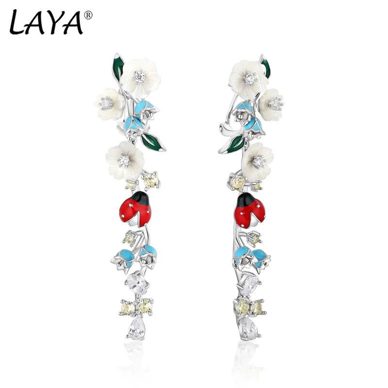 Laya 925 Sterling Silver Fashion Natural Shell Flower Green Leaf Enamel Animal High Quality Zircon Earrings For Women Jewelry