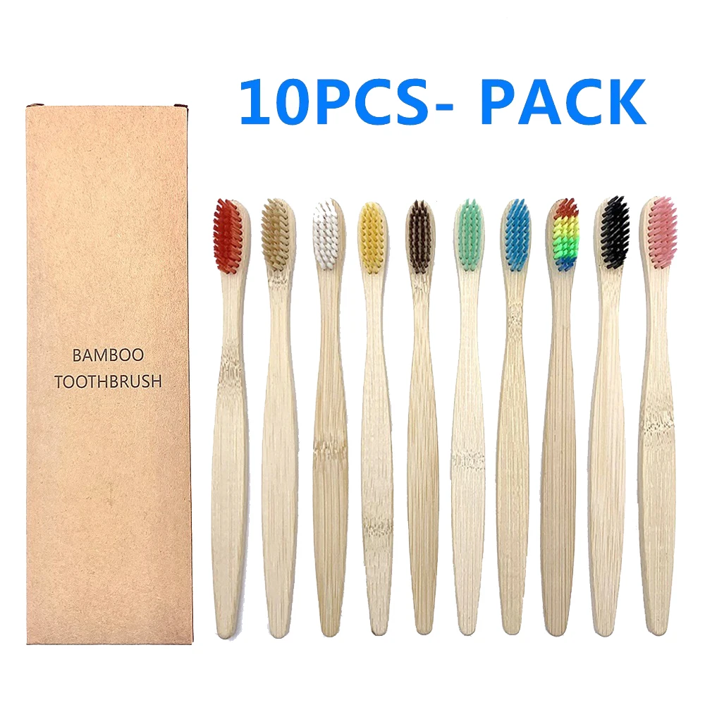 10Pcs Eco Friendly Toothbrush Bamboo Resuable Toothbrushes Portable Adult Wooden Soft Tooth Brush For Home Travel Hotel Use