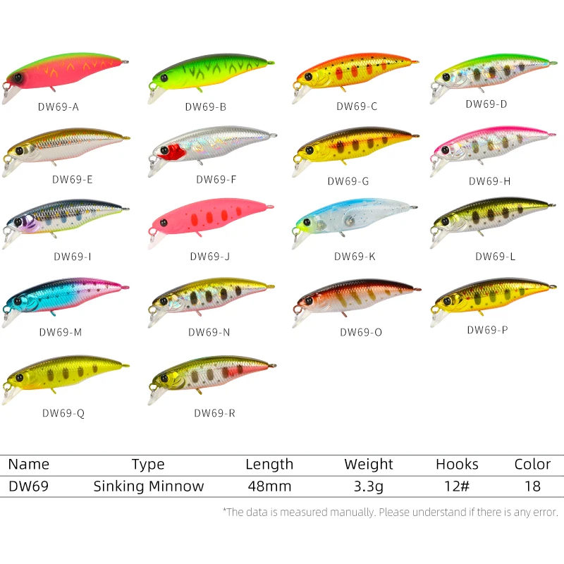 TSURINOYA Fishing Lure DW69 Sinking Minnow Hard Bait 48S 48mm 3.3g Fishing Wobblers Jerkbait Bass Trout Lure Swimbait