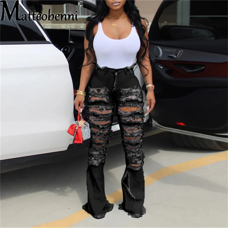 2021 Ripped Jeans For Women High Waist Elasticity Jeans Fashion Flare Jeans With Holes Vintage Bell Bottom Jeans Womens Clothing