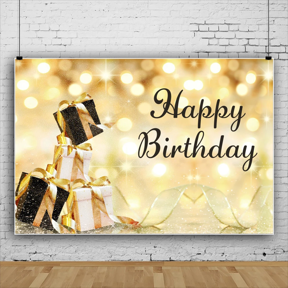 Laeacco Gold Light Bokeh Gift Box Ribbon Happy Birthday Party Backdrop Photography Portrait Customized Banner Photo Background