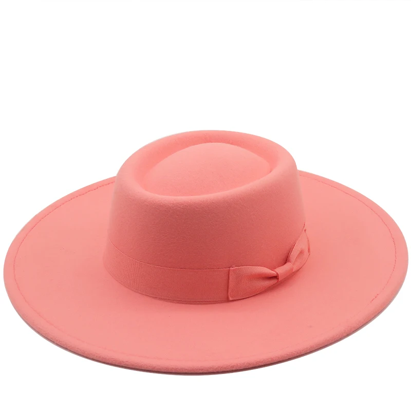 The new ring-shaped flat-top wool felt big eaves Bowler hat ladies spring and autumn and winter fashion flat-top woolen hat