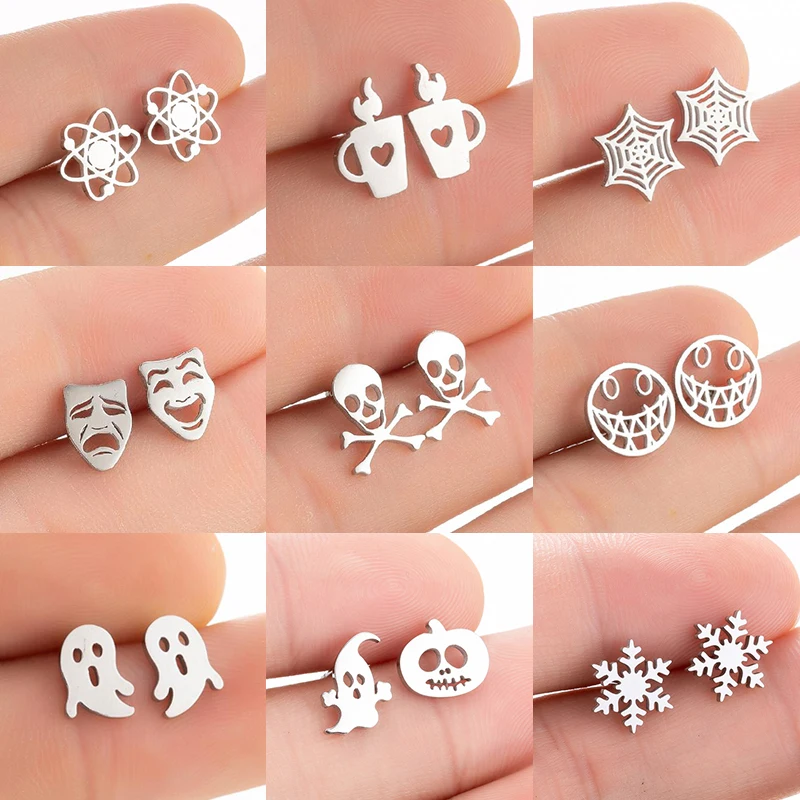 Minimalist Stainless Steel Snowflake Earrings Women Christmas Jewelry Fashion Skull Lighter Spider Web Ear Piercing Girls Brinco