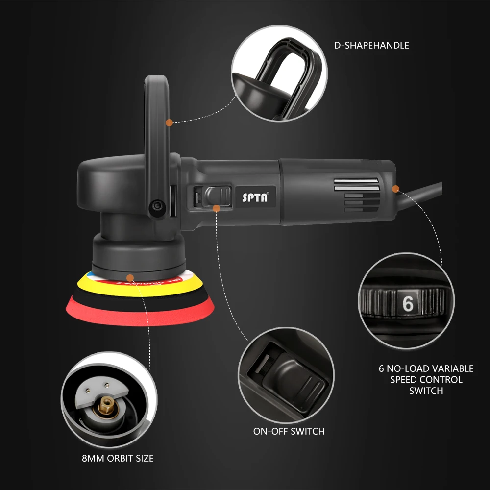 SPTA 5inch 780W Dual Action Polisher 8mm Random Orbit Professional Polishing Machine Electric Buffing Polisher Car Beauty Tools