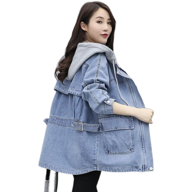 2024 New Autumn Women’s Denim Jacket Long Sleeve Casual Jeans Coat Hooded Loose Turn Down Collar Overcoat Femme Outerwear