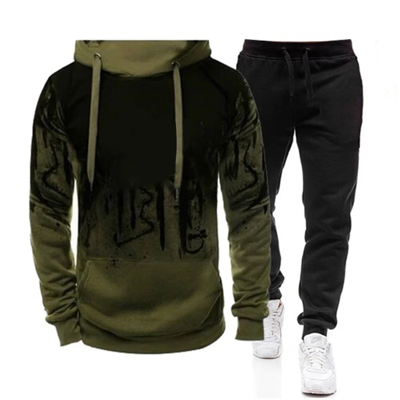 2Pcs Suit Spring Autumn Men\'s Sweatshirt Set Splash Ink Hoodies+Tracksuit Pants Casual Fitness Male Sportswear S-4XL Wholesale