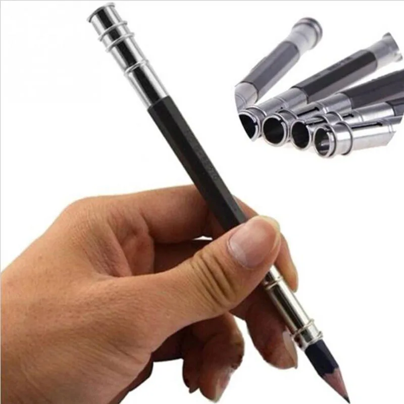 1Pc Metal Rvs Double Hoofd Potlood Extender Pen Verlengd Pen Houder Schets Potlood Extension Pole Kinderen Briefpapier