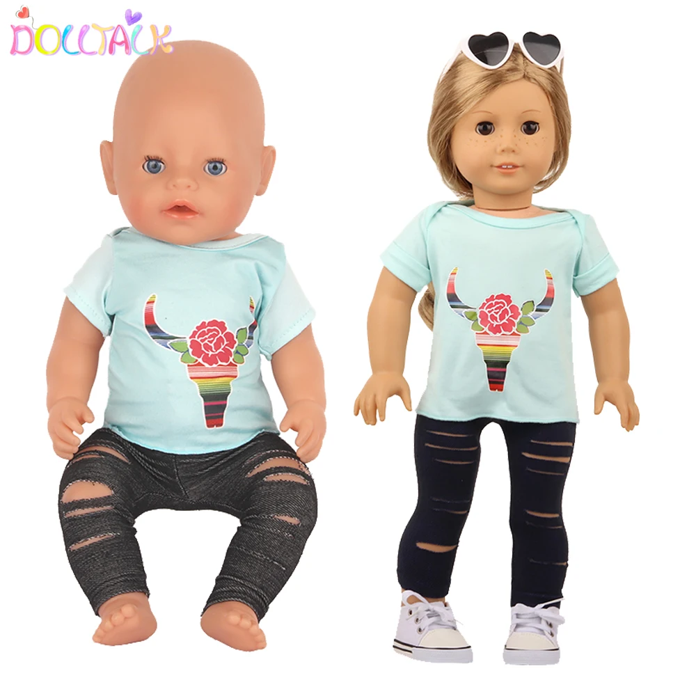 

18 Inch American Doll Personality Doll Clothes Set Ripped Pants+Ox Head T-shirt Suit Accessories Fit 43cm New Born Bebe Dolls