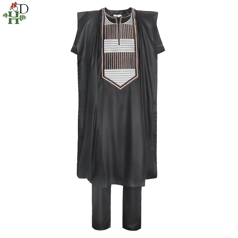 H&D African Agbada Robe Men 3 Pieces Set Embroidery Dashiki Shirt Africa Clothes Short Sleeve Cover Tops Pants Suit Robes Outfit