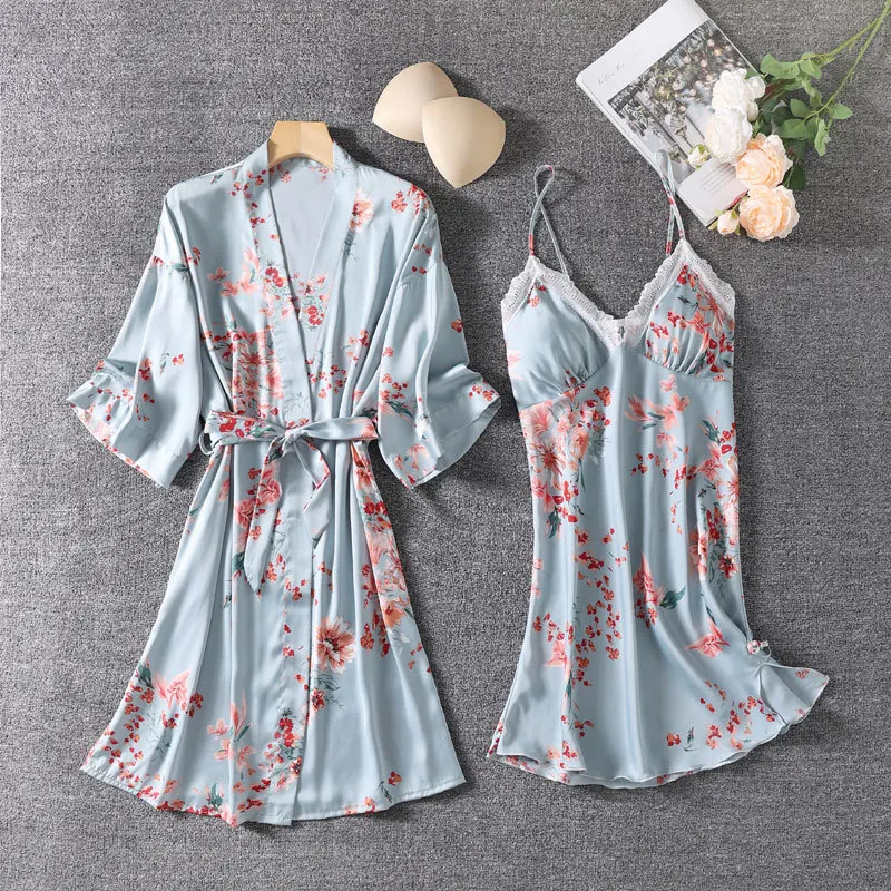 Bride Robe Gown Sets Womens 2pcs Satin Nighty Bathrobe Sleep Suit Sexy Summer Lace Kimono Sleepwear Print Lounge Nightgown