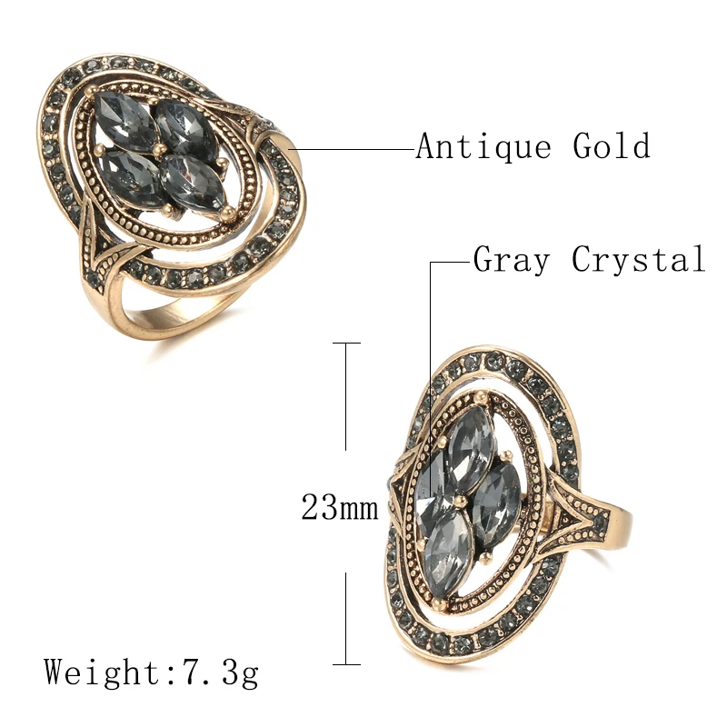 Wbmqda Charm Boho Gray Crystal Rings for Women 585 Antique Gold Color Ethnic Wedding Ring Vintage Jewelry Russia Accessories