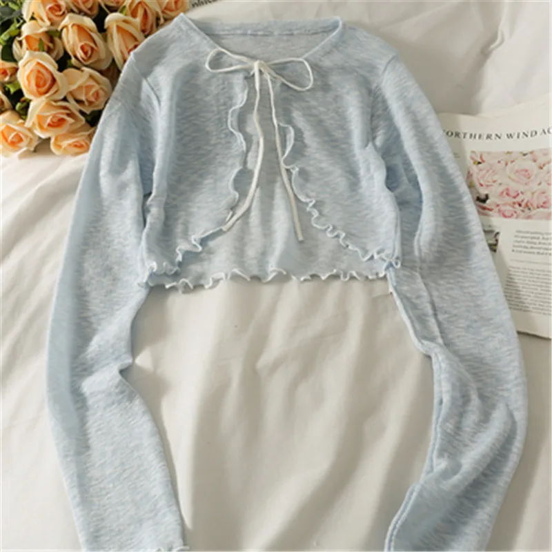 Spring Long Sleeve Knitted Cardigan Jacket Women Sweet Tie Bow Fungus Thin Cardigans Ladies Sun Protection Shirt Coat Short Tops