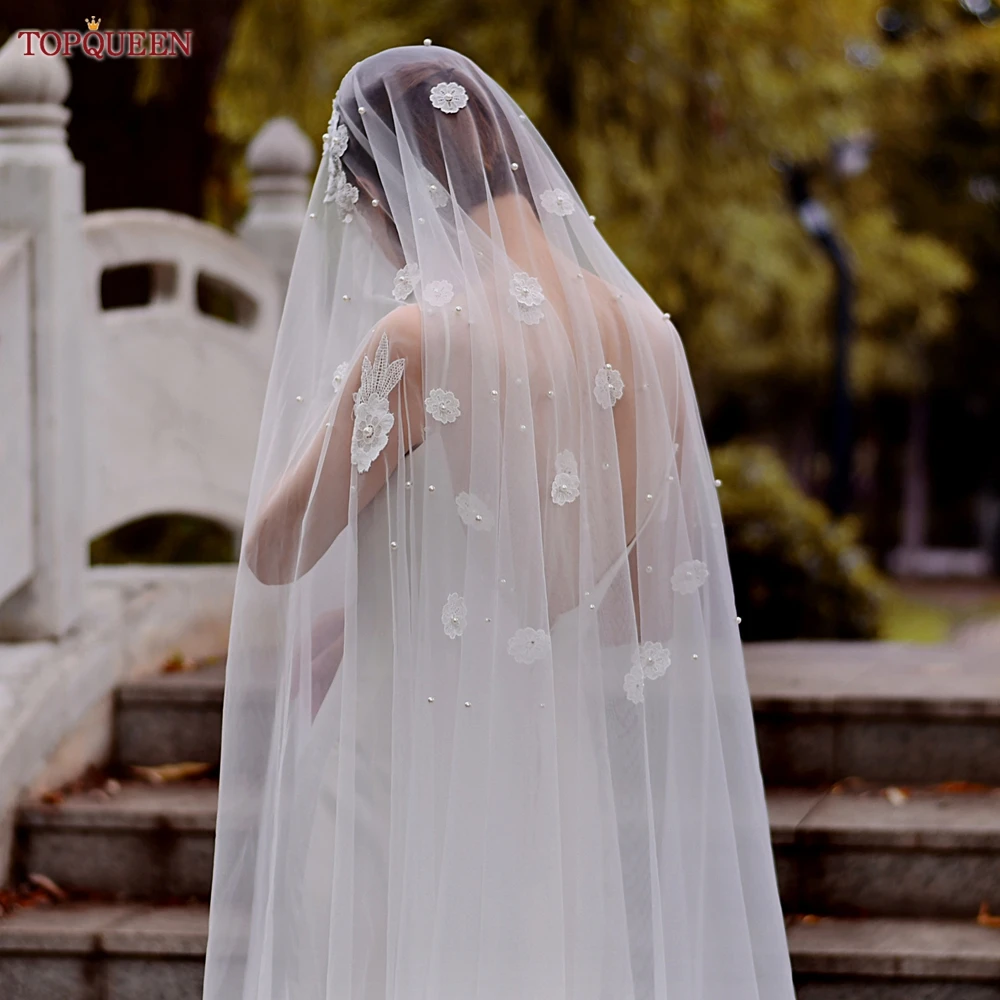 TOPQUEEN Bridal Veils 2 Tier Wedding Pearls Veil 3D Flowers Applique Cathedral Drop Long Blusher Veil Cover Front and Back V61