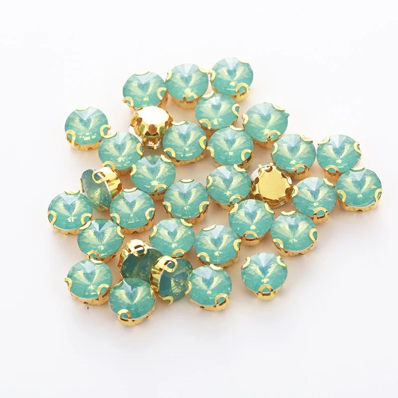 RESEN 50PCS Mix Shapes Green Opal Sew On Stones With Gold Bottom Claw Resin Rhinestones DIY Clothing Accessories