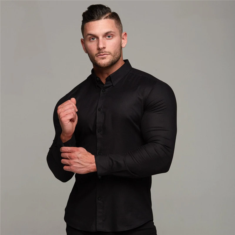 New Spring Autumn Mens Full Sleeve Shirt Solid Fitness Men Turndown Collar Super Slim Fit Business Dress Shirt Button Gym Tops